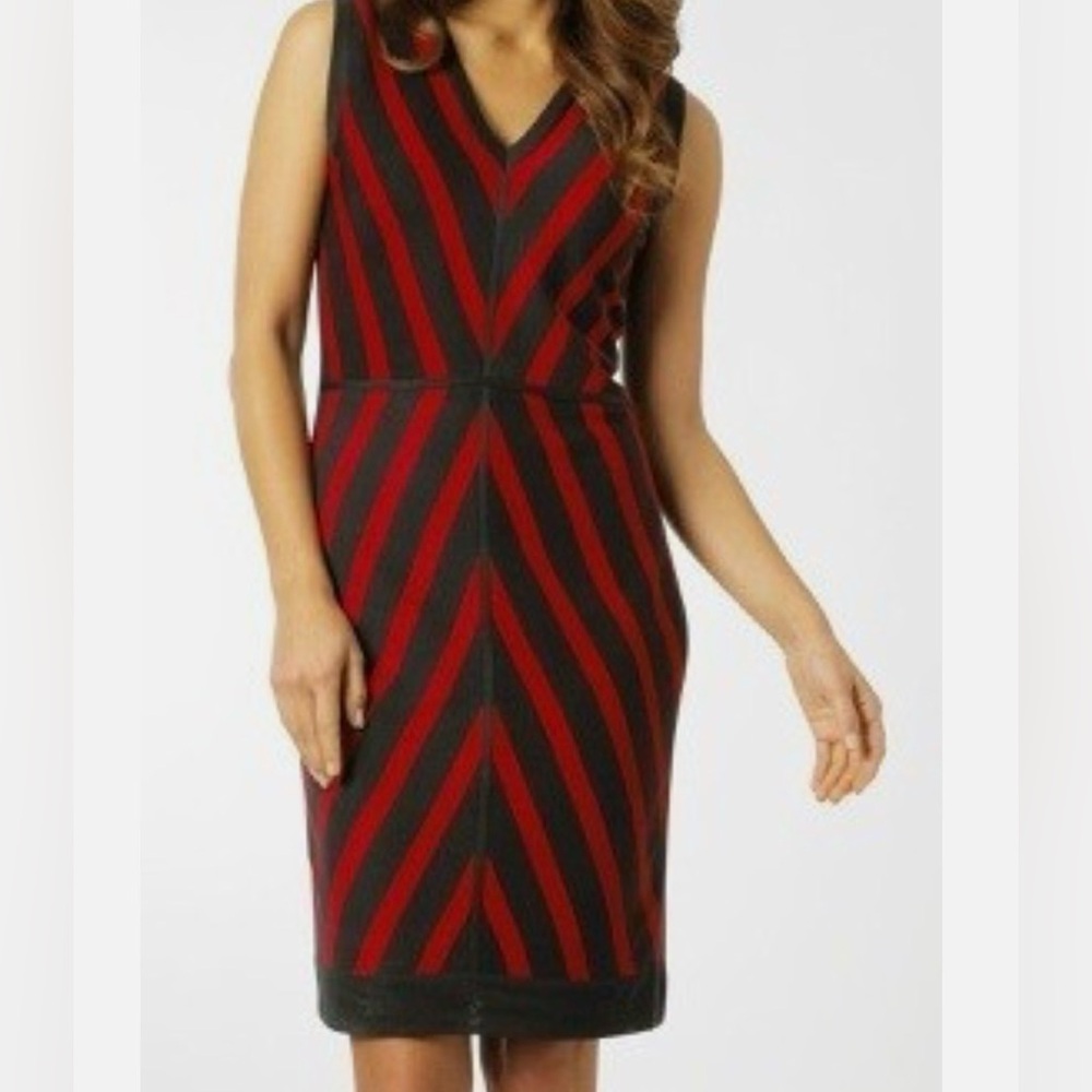 Misook retails $348 NWT Chevron Mitered Red/Graphite Knit Striped Dress , XL